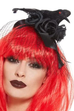 Schwarzes Krähen Haarband Mit Schleier Und Rosen