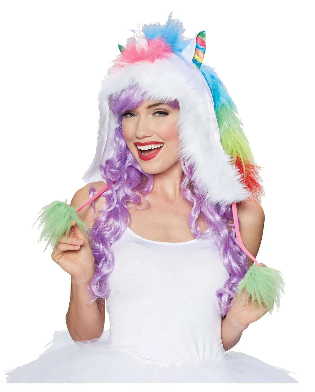 Regenbogen Einhorn Kapuze Mit Pom Poms 3 Regenbogen Einhorn Kapuze Mit Pom Poms
