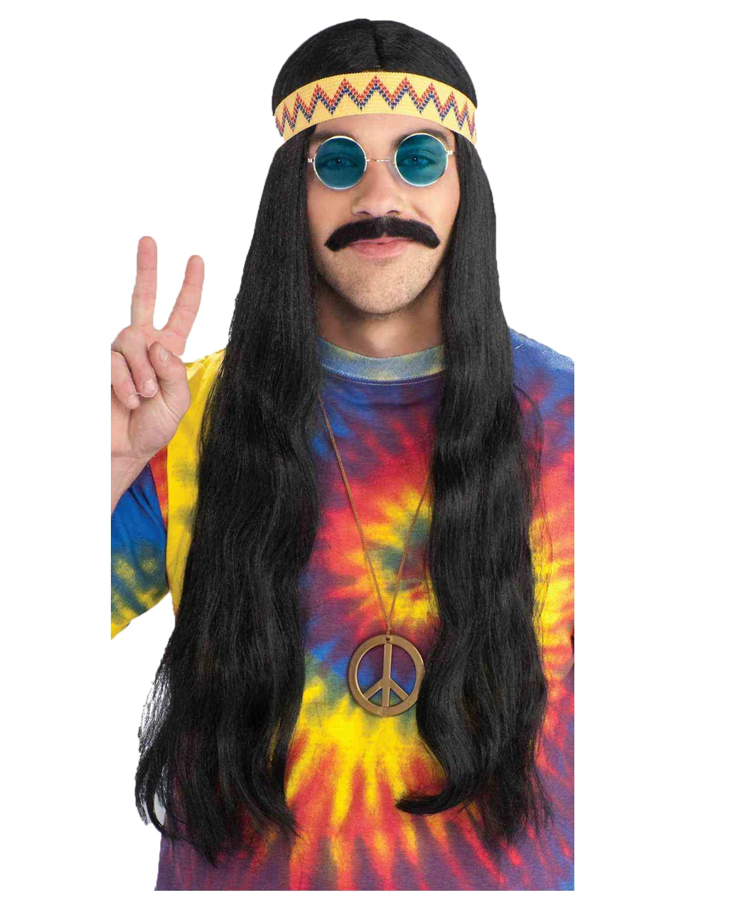 Schwarze Hippie Perücke Mit Haarband 3 Schwarze Hippie Perücke Mit Haarband
