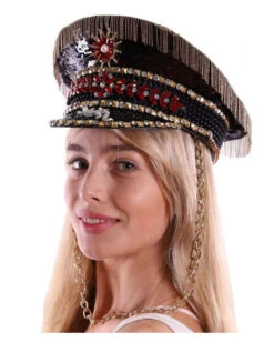 Militär Pailletten Schirmmütze Schwarz -FaschingFreude Verkäufe military festival schirmmuetze schwarz mitiltary festiva uniform hat kostuemzubehoer 50461 03