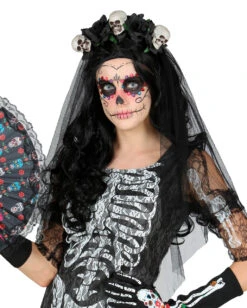 Schwarzer Brautschleier Mit Totenschädeln 7 Schwarzer Brautschleier Mit Totenschädeln -FaschingFreude Verkäufe schwarzer brautschleier mit totenkoepfen black veil with skulls halloween kostuemzubehoer 37534 3