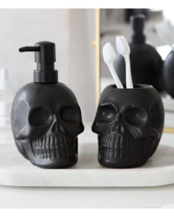 Schwarzer Totenschädel Seifenspender Aus Keramik -FaschingFreude Verkäufe schwarzer totenkopf seifenspender black skull soap dispencer gothic wohnaccessoire 54281 06