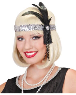 Flapper Stirnband Silber Mit Schwarzer Feder