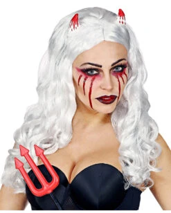 Satansbraut Perücke Weiß Mit Hörnern