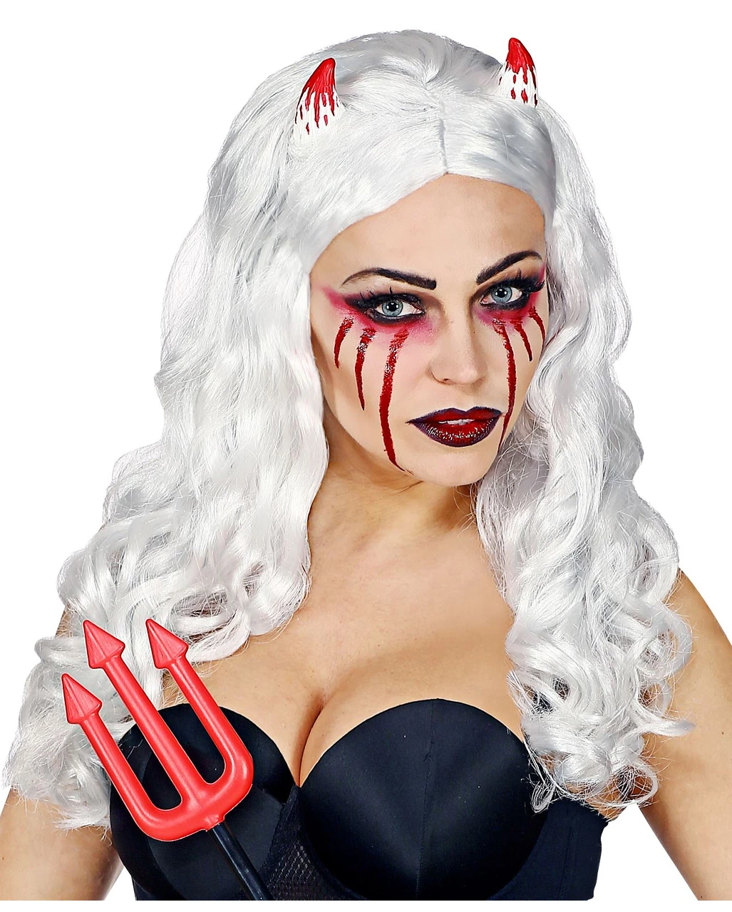 Satansbraut Perücke Weiß Mit Hörnern 3 Satansbraut Perücke Weiß Mit Hörnern